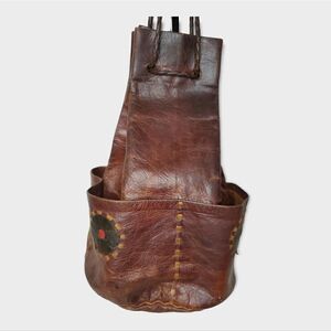 Vintage African Brown Leather Bucket Drawstring Bag Purse